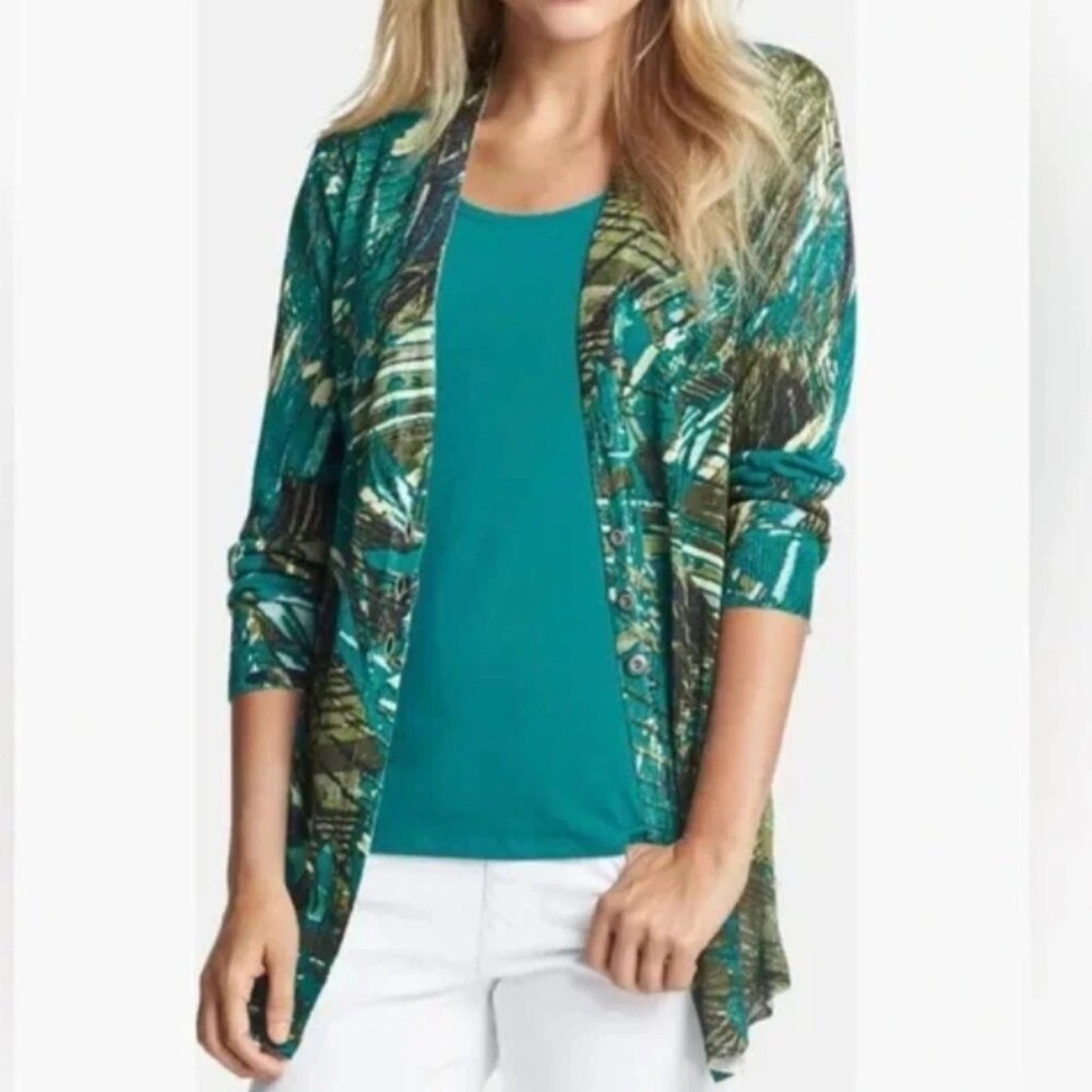 NIC+ZOE M Teal Green Linen‎ Blend Lightweight Longline Cardigan Sweater NWT $154